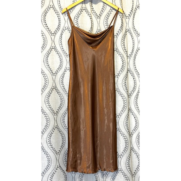 bebe Dresses & Skirts - Bebe Bronze Satin Cowl Neck Midi Slip Dress Spaghetti Strap Lettuce Hem Small